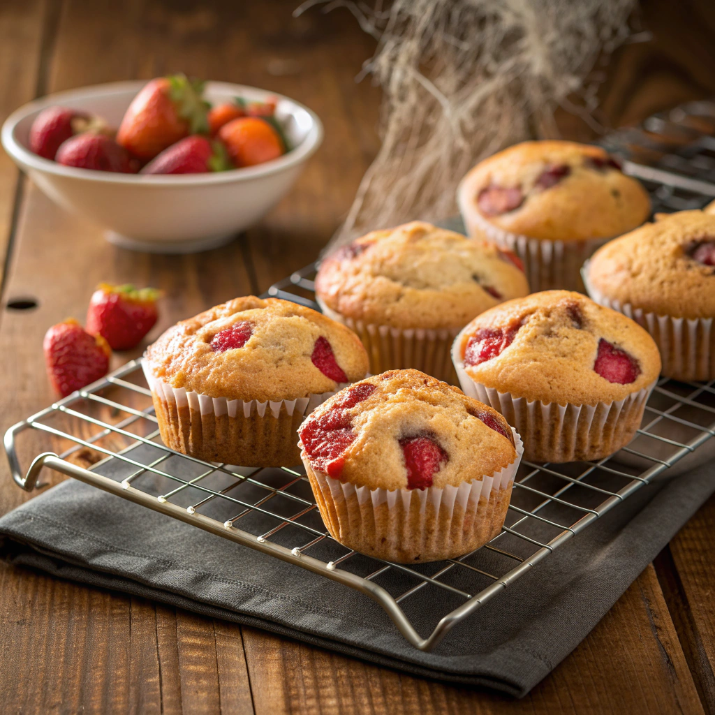 Freshly baked Strawberry Muffins cooling on a wire rack.