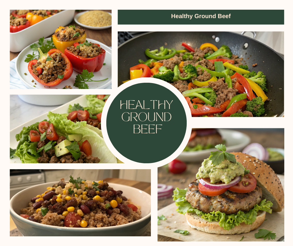 A collage of healthy ground beef recipes including a stir-fry, tacos, stuffed peppers, and a burger, representing diverse and nutritious options.