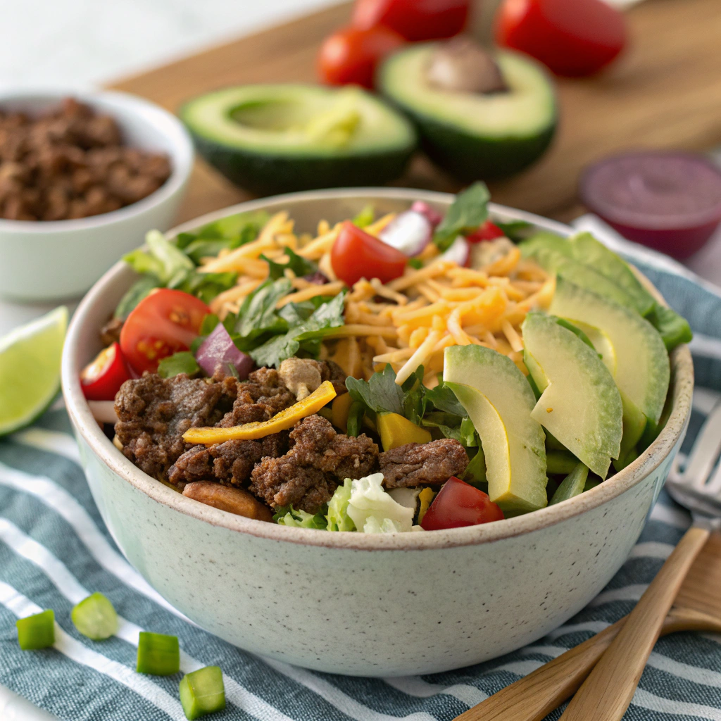 Colorful taco salad with avocado, cheese, and ground beef.