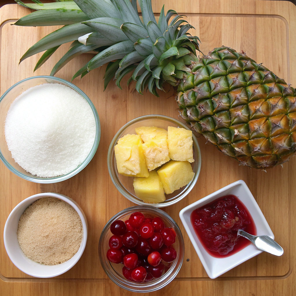 Ingredients for Pineapple Upside Down Cake arranged on a wooden countertop.