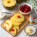 Ingredients for pineapple upside down cake including pineapple, cherries, and flour.