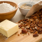 Ingredients for butter pecan cake including butter, pecans, and flour.