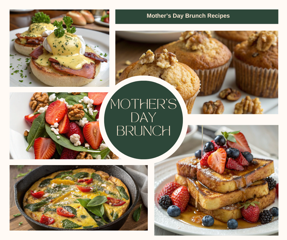 A beautifully arranged Mother’s Day brunch table featuring an assortment of dishes, including quiche, pancakes, and fresh fruit, surrounded by colorful flowers.