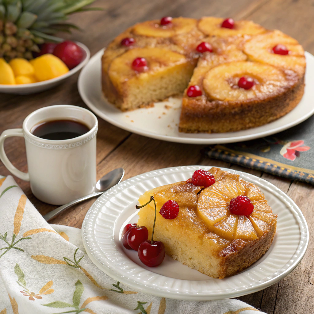 Pineapple Upside Down Cake served with coffee and a side of fresh fruit.