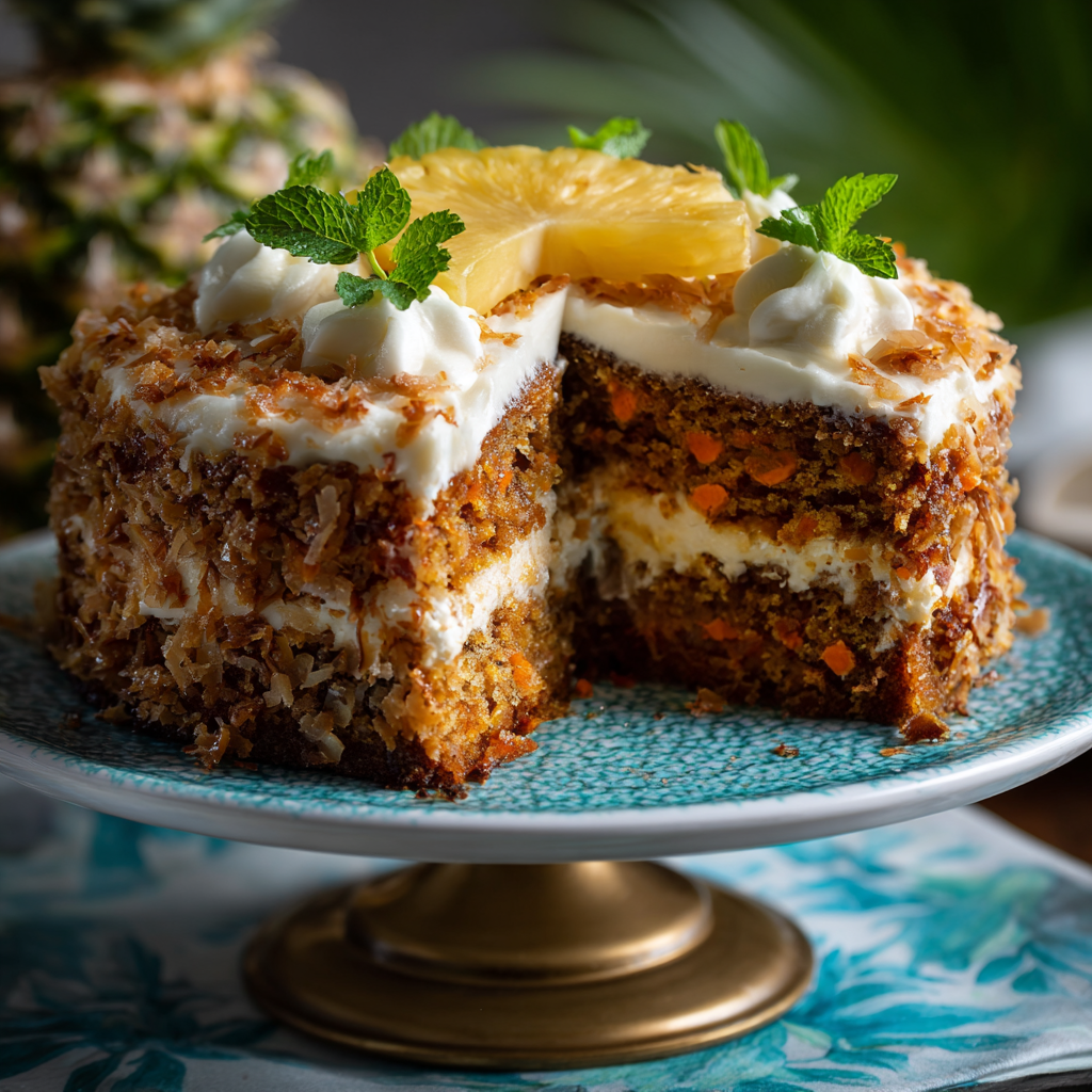 Beautifully decorated Hawaiian Carrot Pineapple Cake with frosting and pineapple slices
