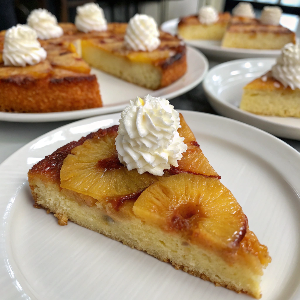 Slices of Pineapple Upside Down Cake served on a white plate with whipped cream.