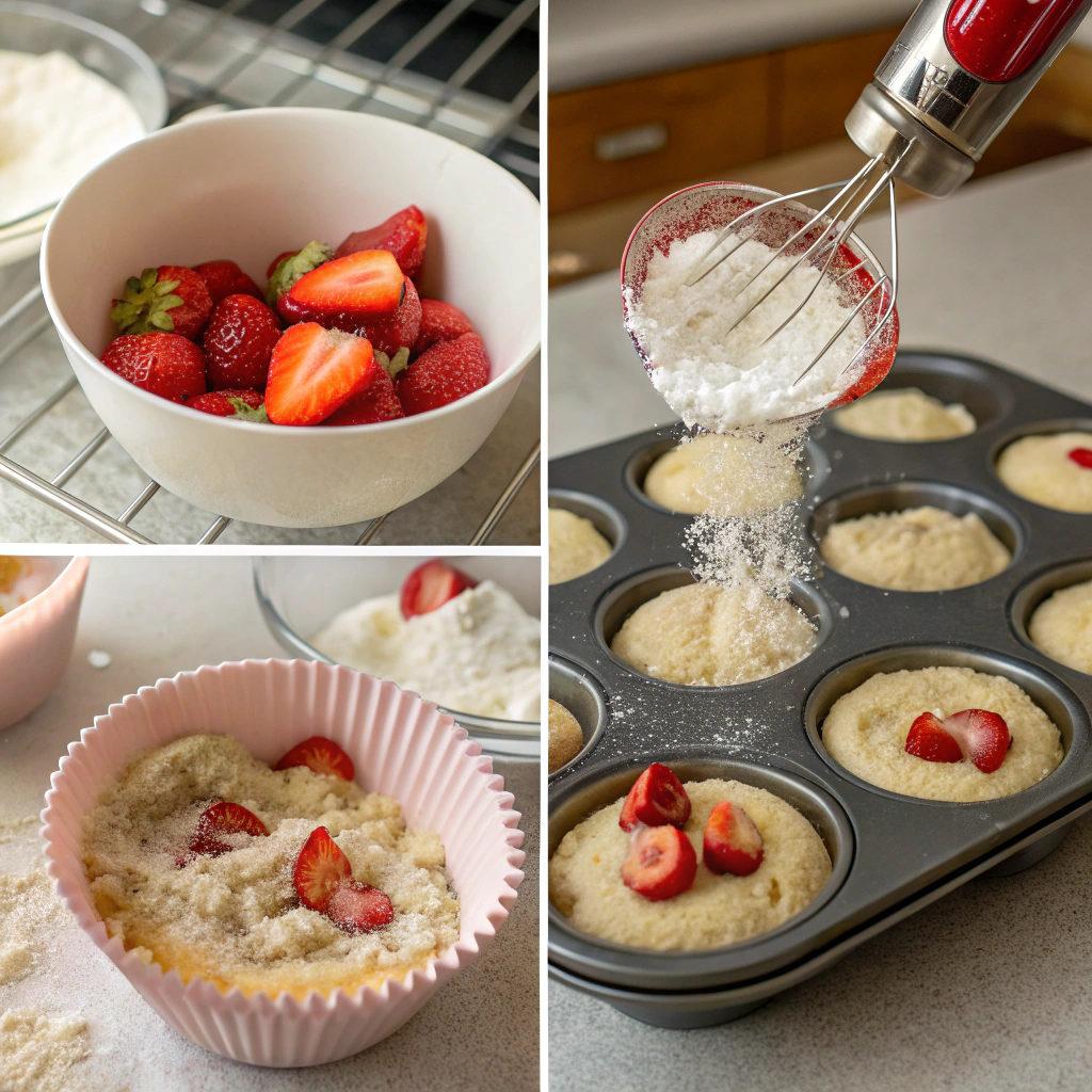 Step-by-step preparation of Strawberry Muffins in the kitchen.