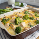 Cheesy chicken casserole with broccoli and melted cheese.Keto Dinner Recipes