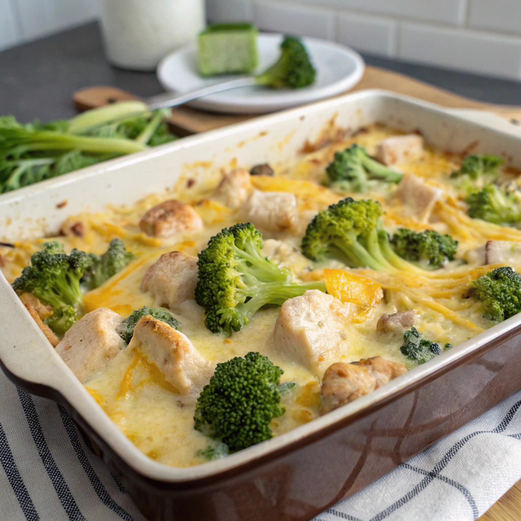 Cheesy chicken casserole with broccoli and melted cheese.Keto Dinner Recipes