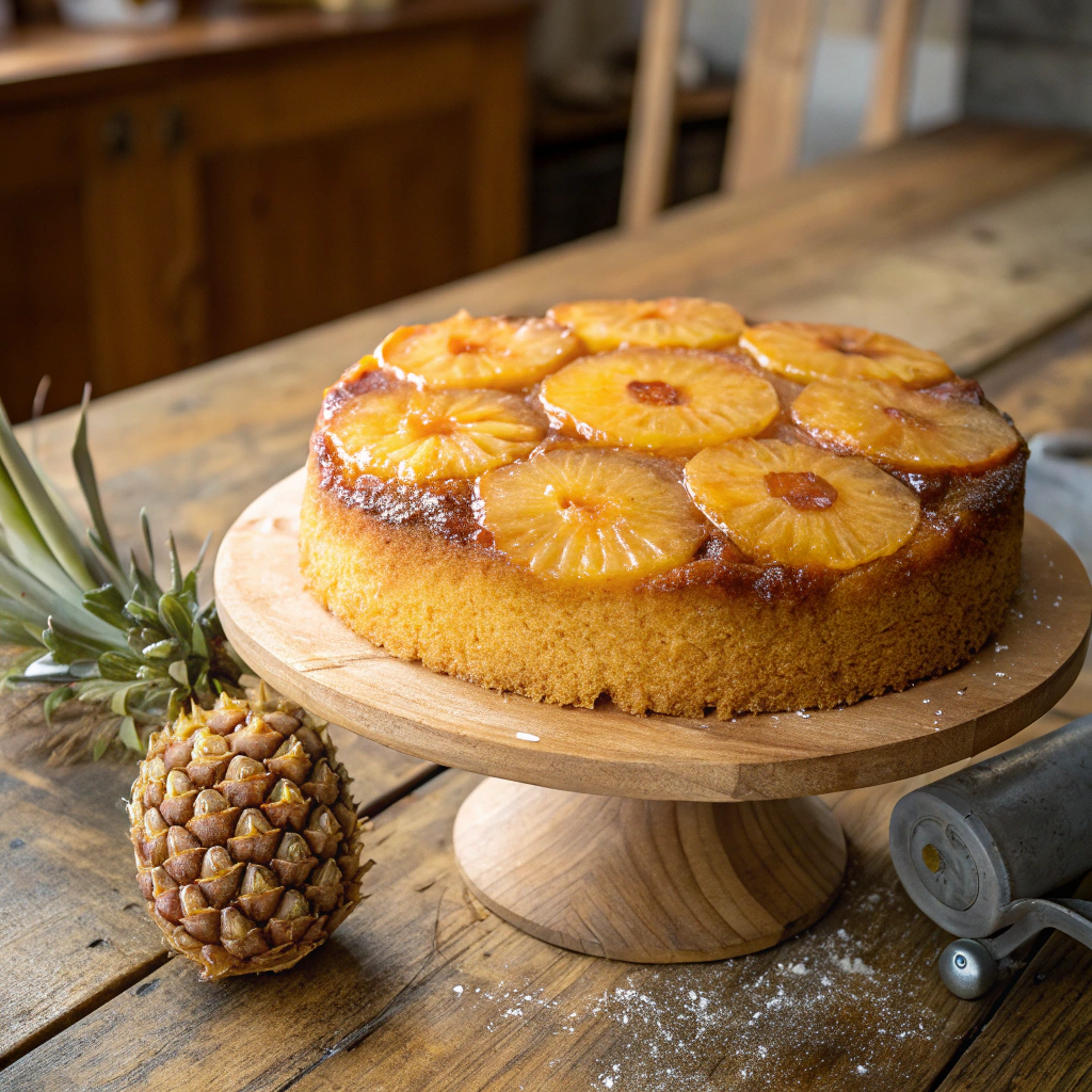 Whole pineapple upside down cake displayed on a rustic table