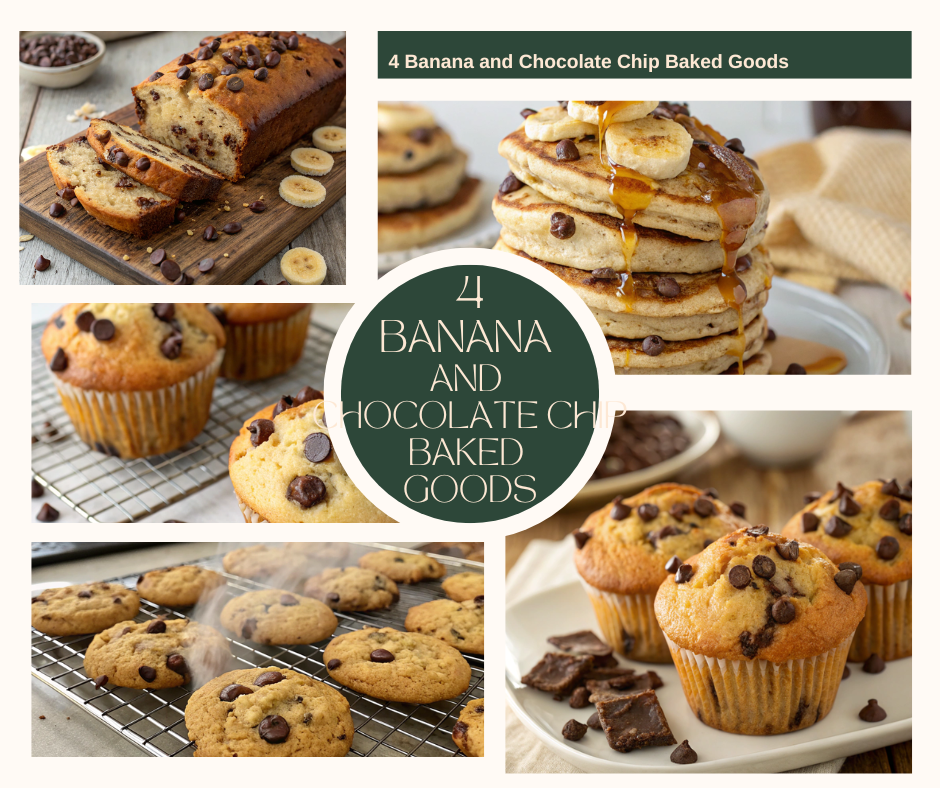 A variety of Banana and Chocolate Chip Baked Goods including muffins, bread, cookies, and pancakes.