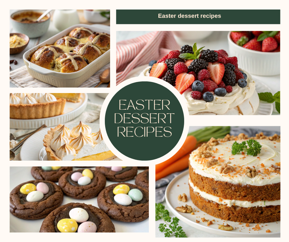 Easter Dessert Recipes spread featuring Lemon Meringue Pie, Chocolate Easter Egg Cookies, Carrot Cake, Cross Bun Pudding, and Berry Pavlova.
