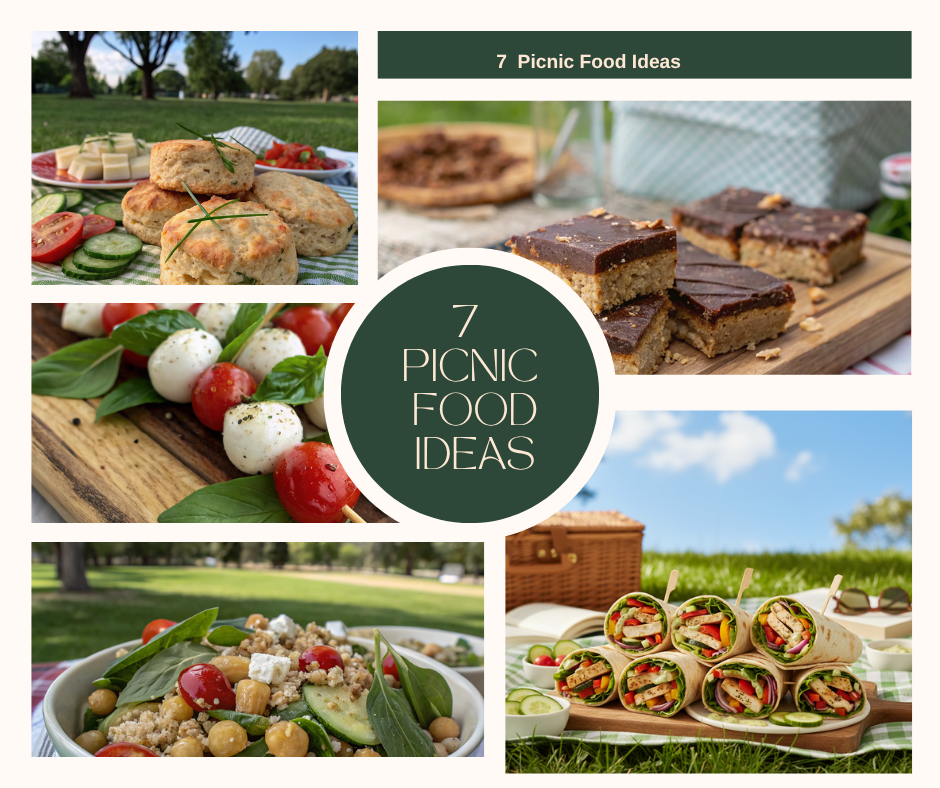 A collage of various picnic food ideas including Caprese Skewers, Mediterranean Pasta Salad, Quinoa Salad, Savory Scones, Wraps, Bars, and Parfaits