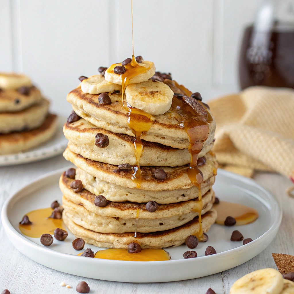 Fluffy Banana Chocolate Chip Pancakes topped with syrup.