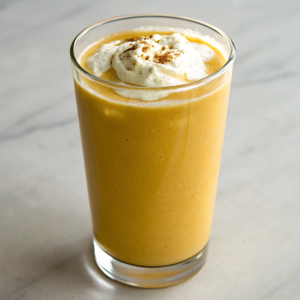 Creamy Mango Lassi served in a glass with cardamom.