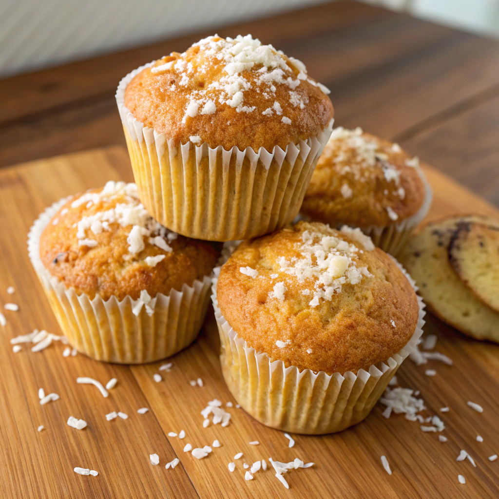 A vibrant display of several coconut muffins stacked on a wooden table.