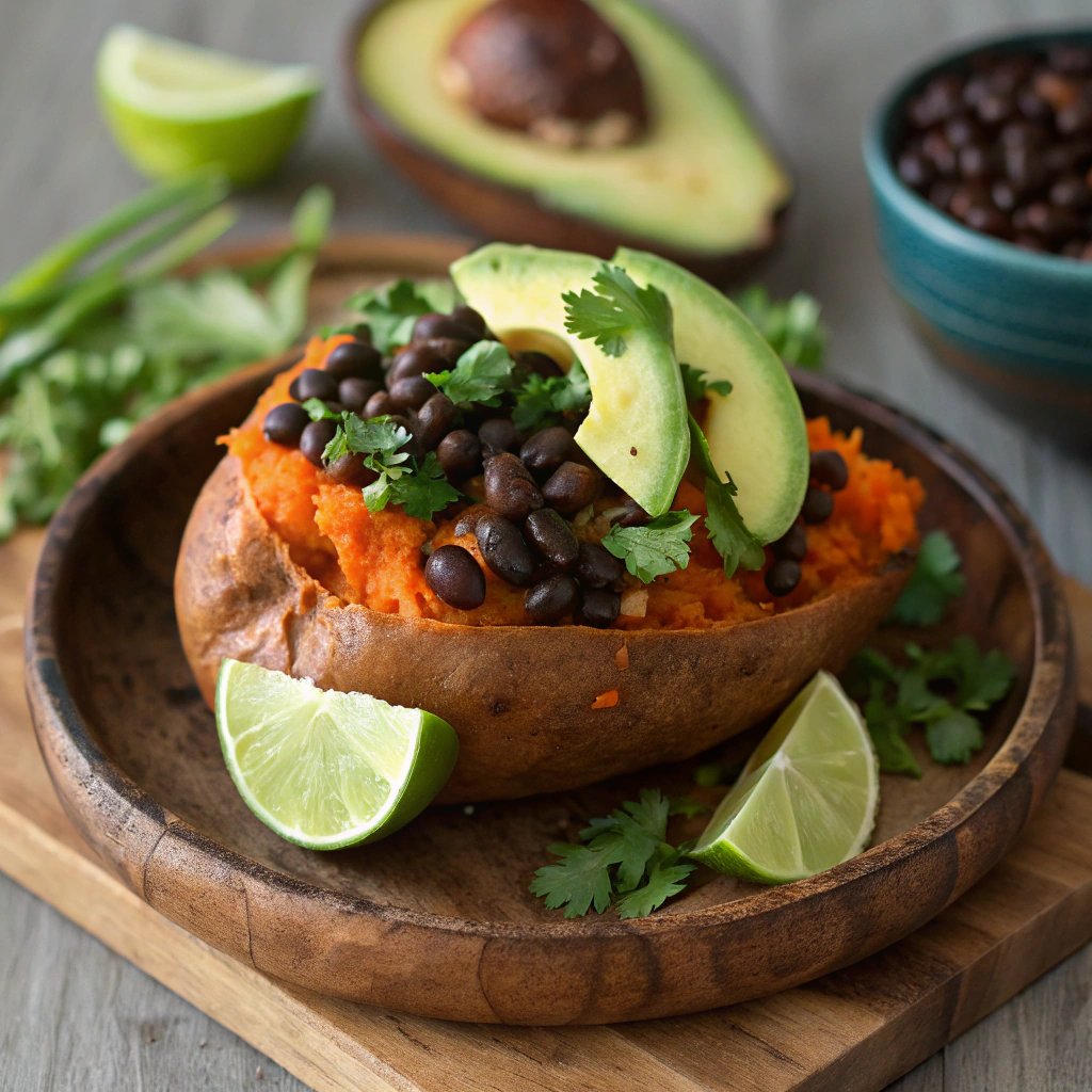 Baked Sweet Potato and Black Bean Bowl topped with avocado.