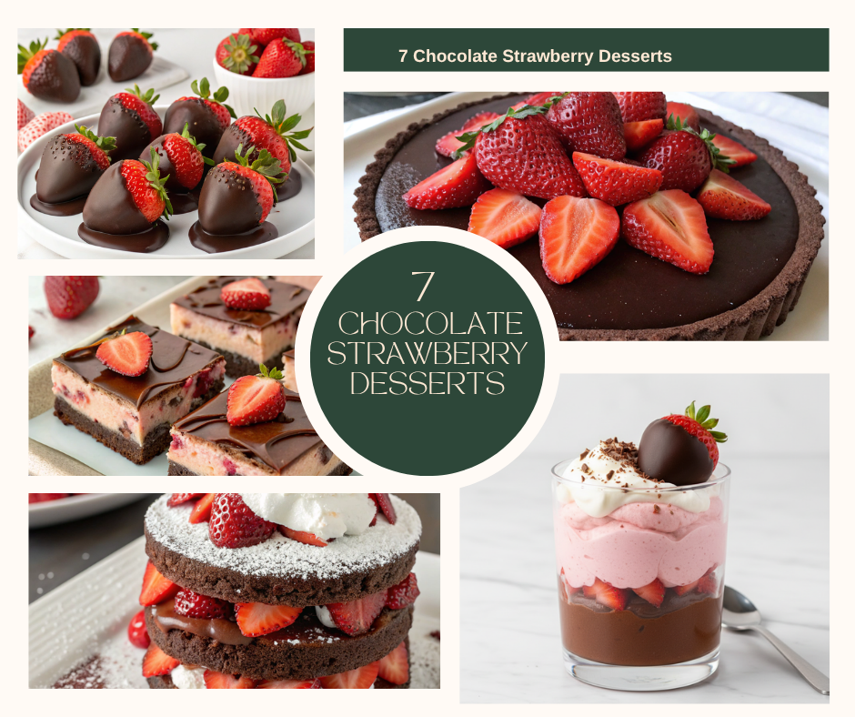A collage of various chocolate strawberry desserts including chocolate-covered strawberries, mousse, tart, parfaits, cake, and cheesecake bars.