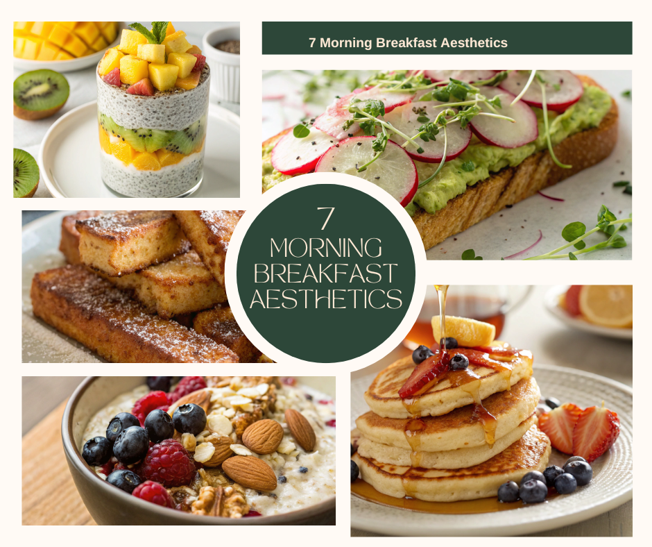 A stunning collection of morning breakfast aesthetics featuring various dishes.