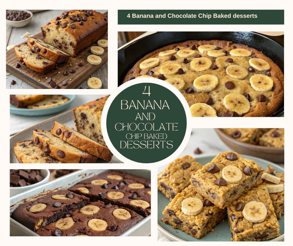 An assortment of new banana and chocolate chip baked desserts including brownies, loaf cake, oatmeal bars, and skillet cookie.