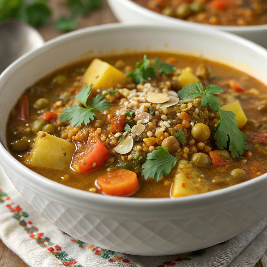 Bowl of homemade Curried Lentil and Vegetable Soup.Food Babe Recipes