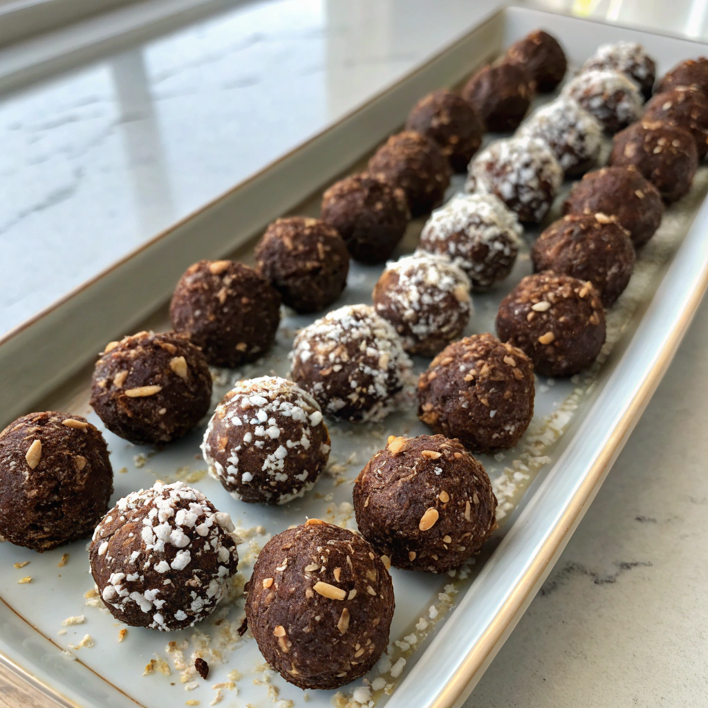 Chocolate Coconut Energy Bites arranged on a platter.