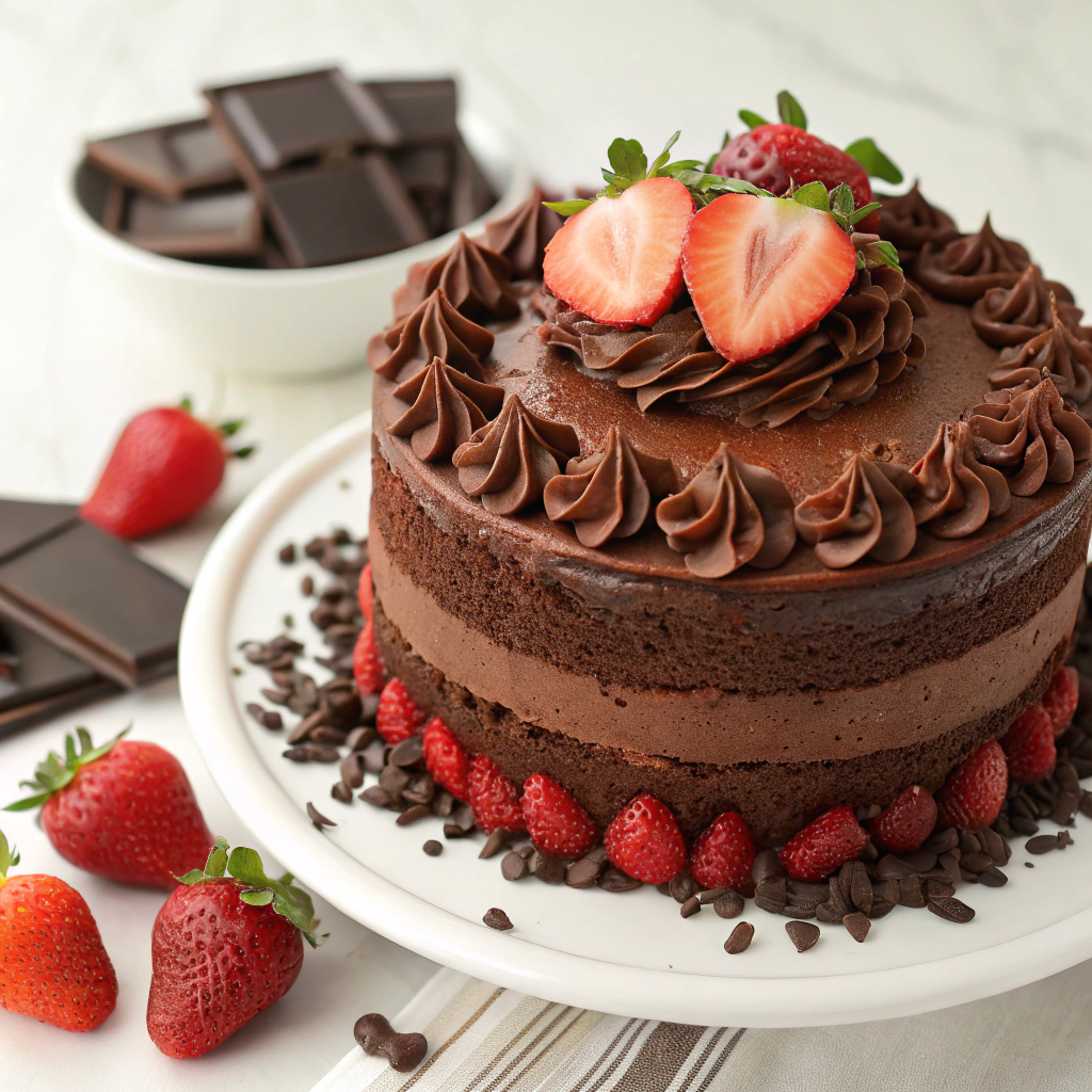 Chocolate Strawberry Cake with chocolate frosting and fresh strawberries on top - a rich dessert