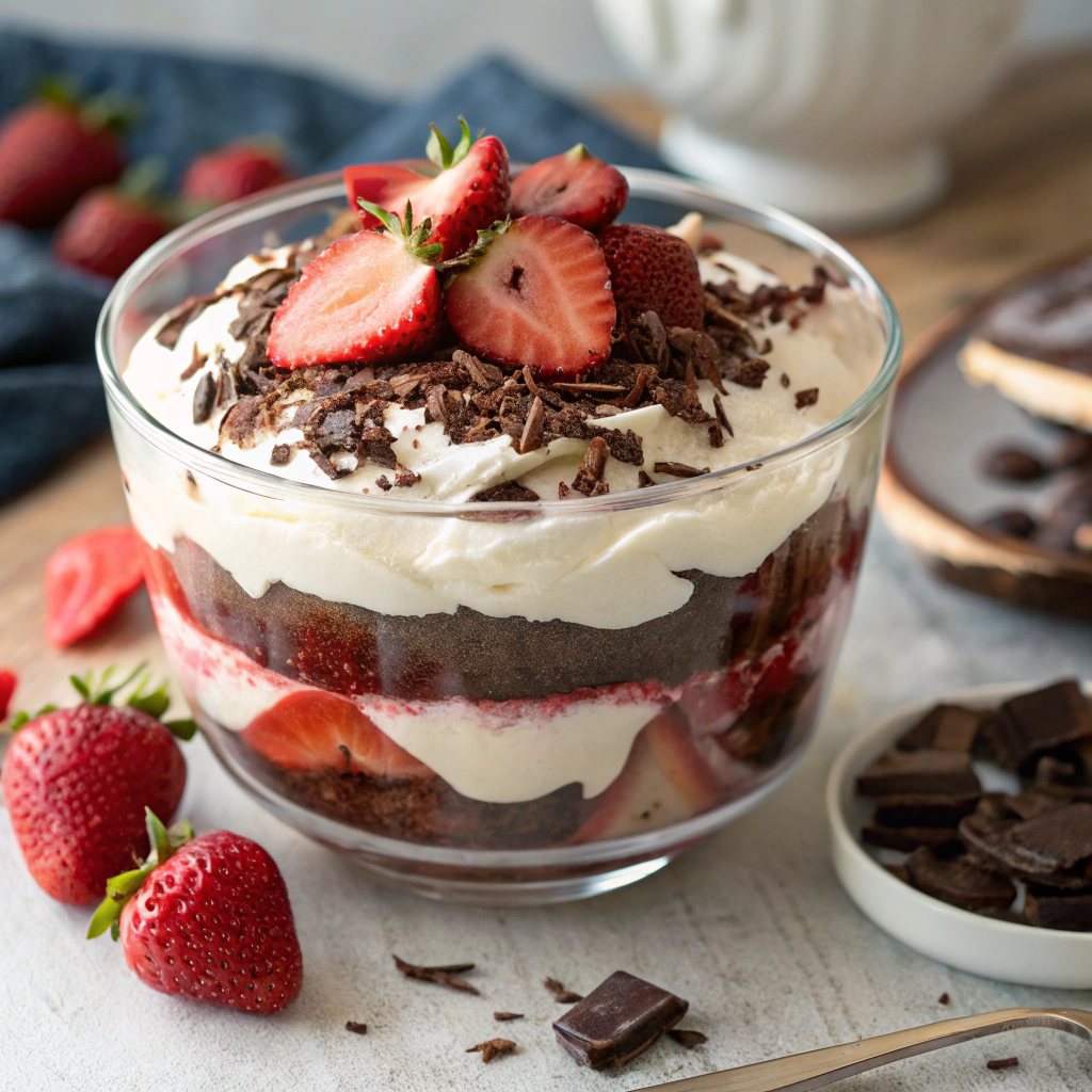 Chocolate Strawberry Parfait in a glass with layers of chocolate pudding and fresh strawberries.Chocolate Strawberry Desserts