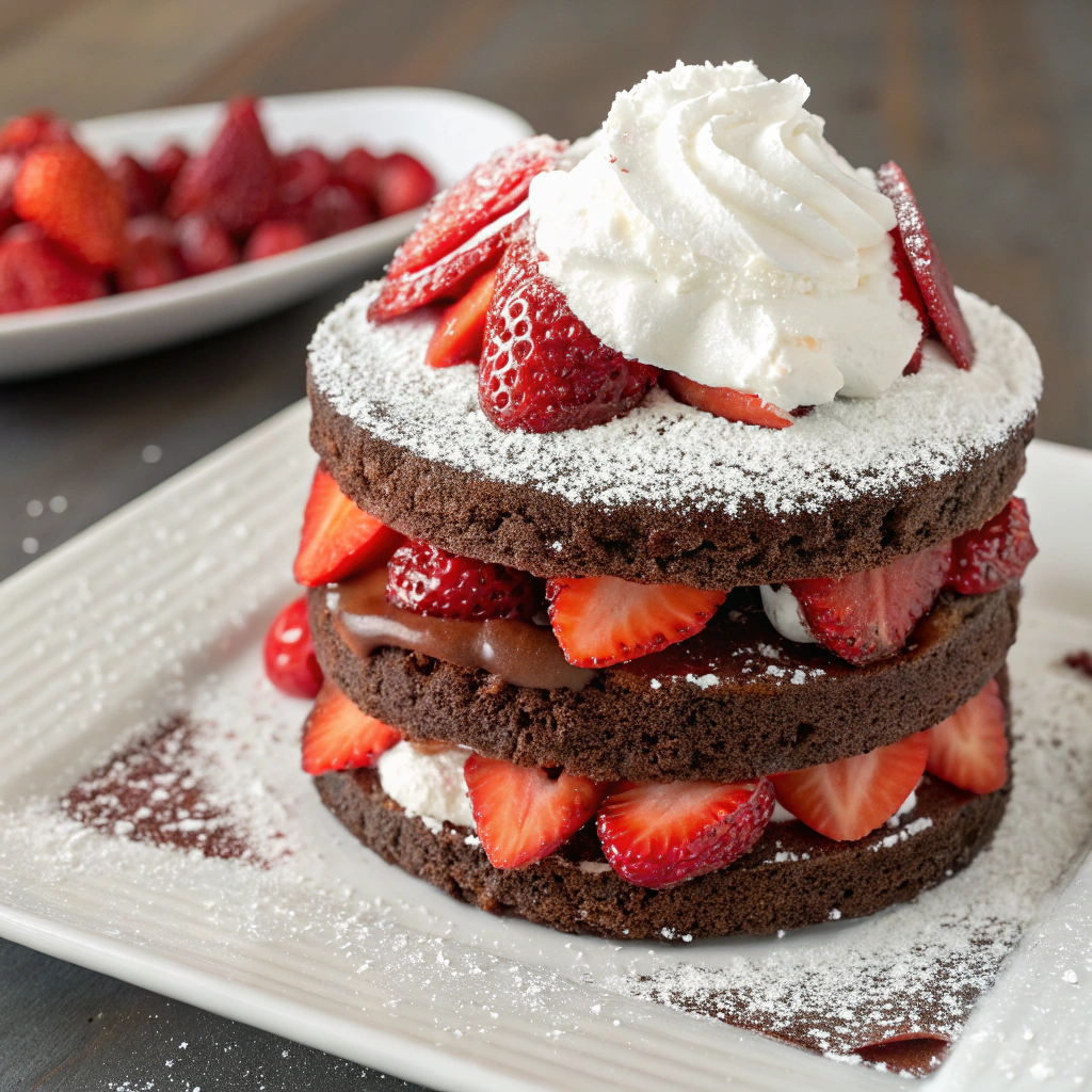 Chocolate Strawberry Shortcake layered with chocolate cake, fresh strawberries, and whipped cream - Chocolate Strawberry Desserts