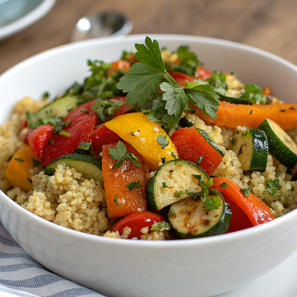 Colorful Roasted Vegetable Quinoa Bowl garnished with herbs.Food Babe Recipes