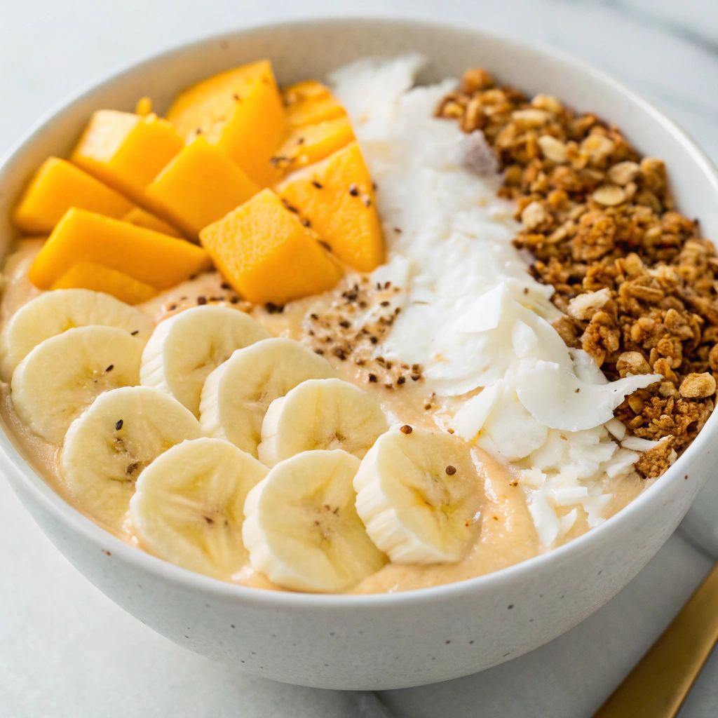Mango Banana Smoothie topped with banana slices.