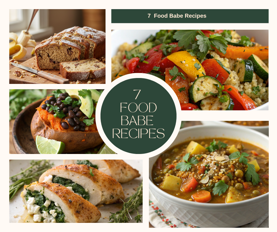A collage of all recipes: Spinach and Feta Stuffed Chicken Breasts, Curried Lentil Soup, Roasted Vegetable Quinoa Bowl, Baked Sweet Potato and Black Bean Bowls, Almond Flour Banana Bread, Mediterranean Chickpea Salad, Chocolate Coconut Energy Bites.