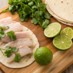 Fresh ingredients for fish tacos recipe including fish, tortillas, cilantro, and lime.