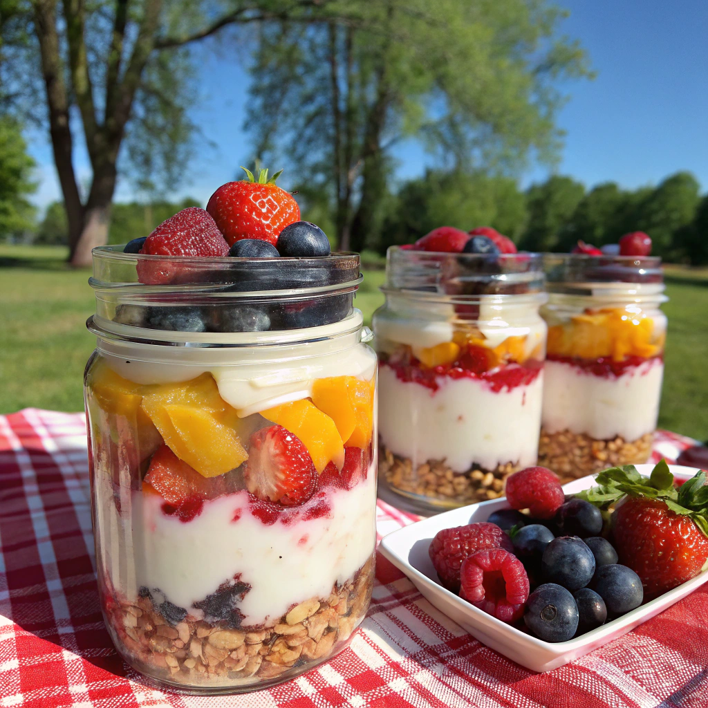 Fruit and Yogurt Parfaits in mason jars - a refreshing picnic food idea.