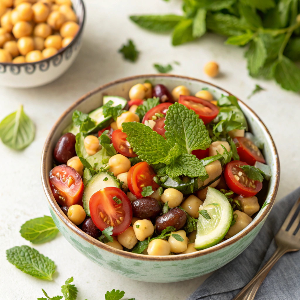 Mediterranean Chickpea Salad in a bowl with fresh herbs.