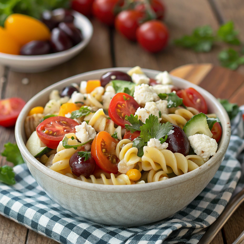 Mediterranean Pasta Salad with colorful vegetables and feta cheese - ideal picnic food ideas