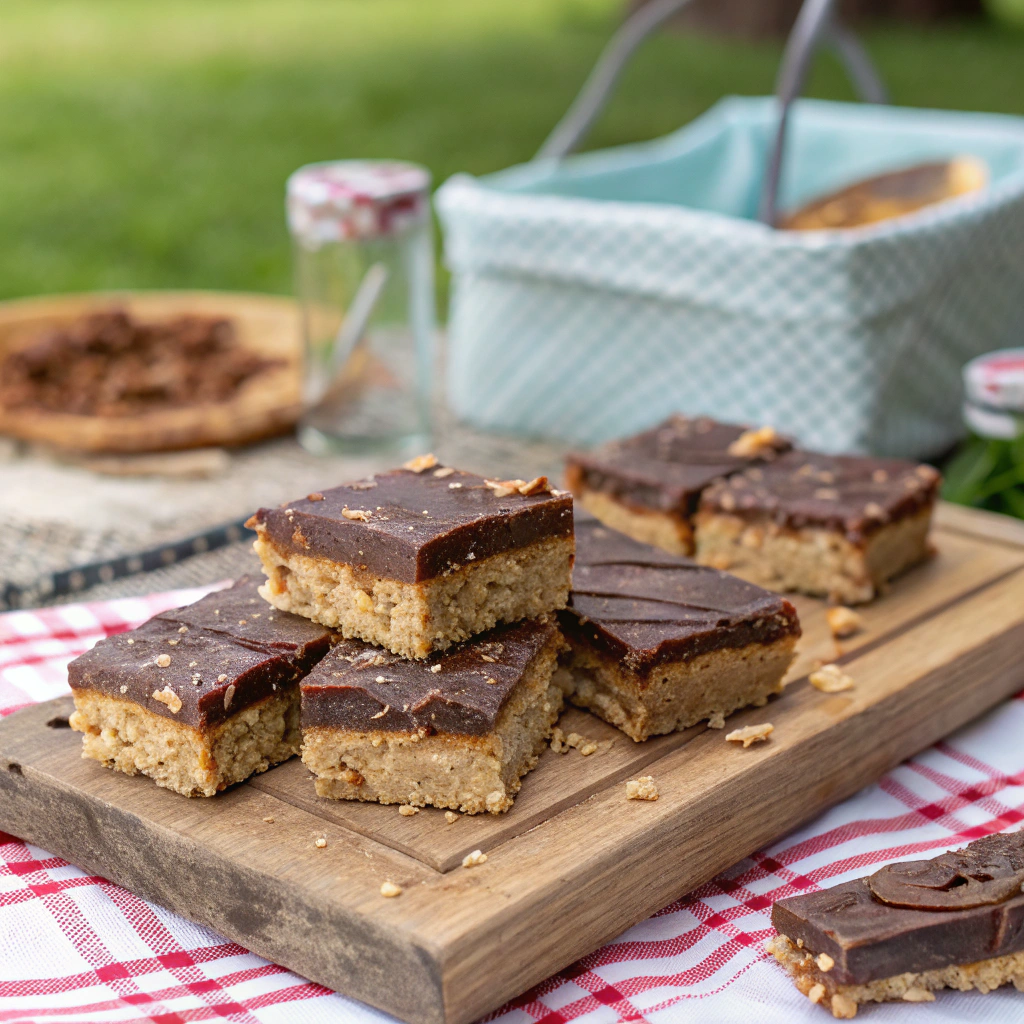 No-Bake Chocolate Peanut Butter Bars - a sweet picnic food idea.