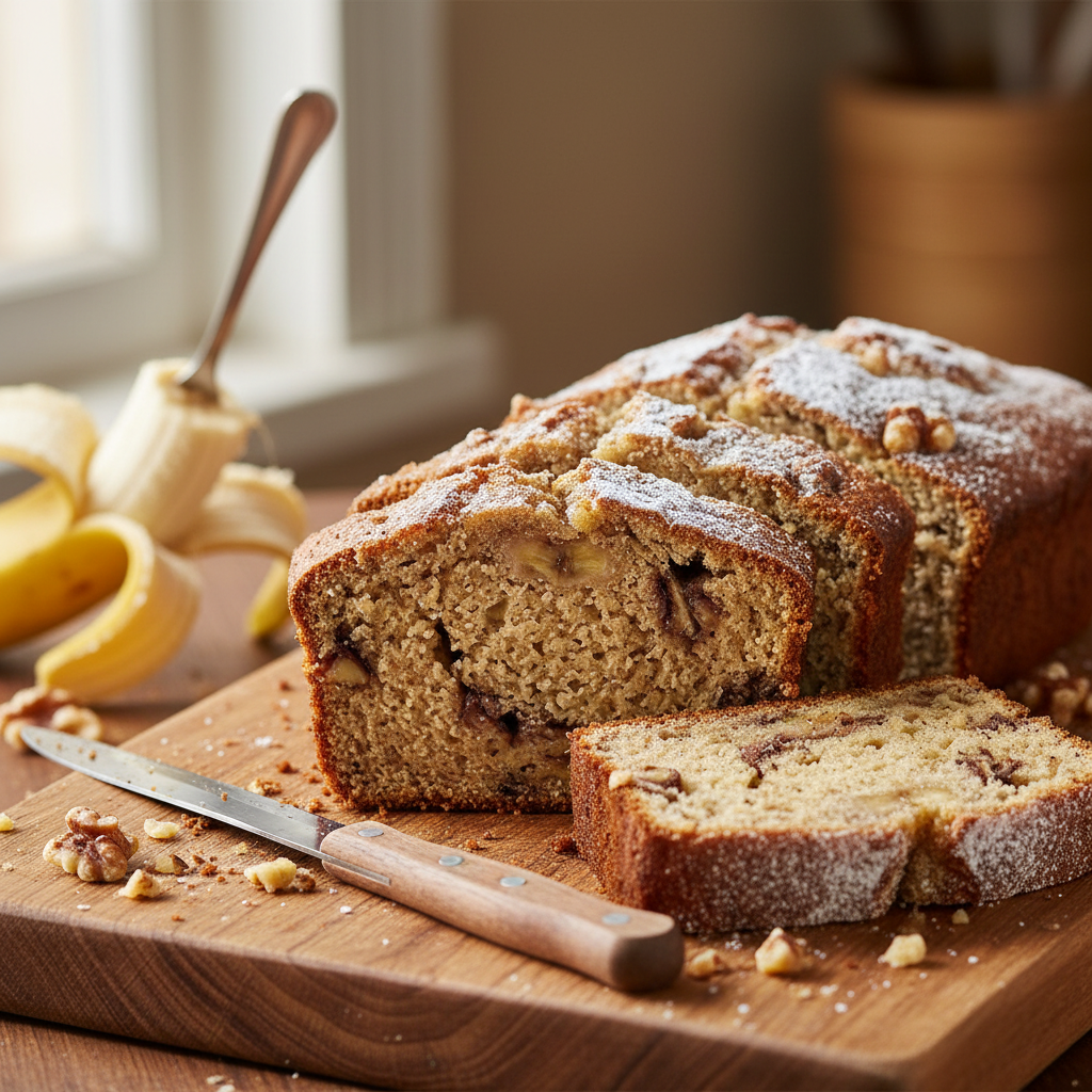 Sliced Almond Flour Banana Bread on a wooden cutting board
