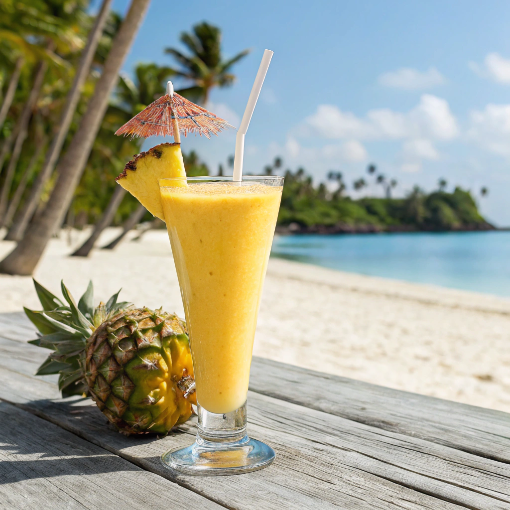 Tropical Mango Pineapple Smoothie garnished with pineapple.Mango Smoothies and Drinks