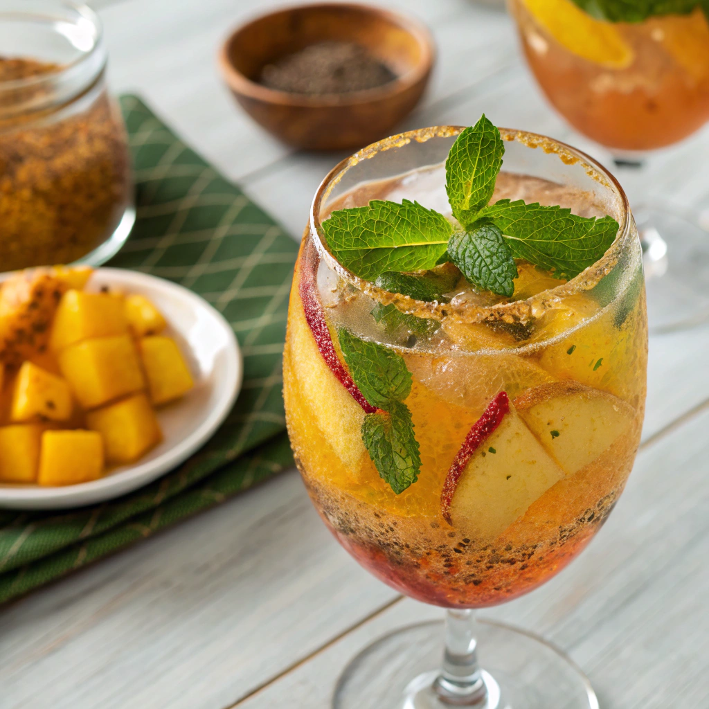 Spicy Mango and Mint Cooler with mint garnish.
Mango Smoothies and Drinks