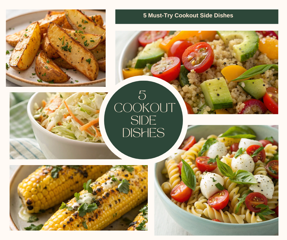 Delicious cookout side dishes including coleslaw, grilled corn, quinoa salad, potato wedges, and caprese pasta salad