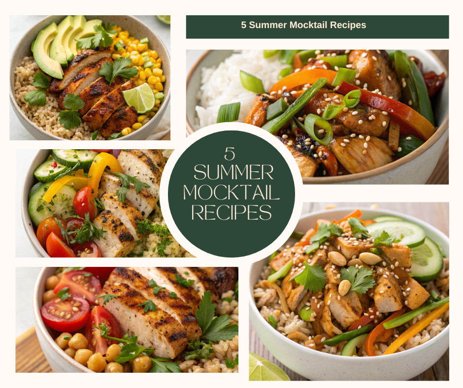 A variety of Healthy Chicken Meal Prep Bowls featuring grilled, spicy, Mediterranean, teriyaki, and BBQ chicken options.