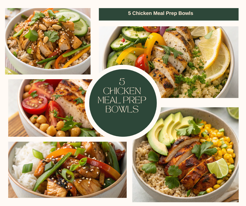 A variety of Healthy Chicken Meal Prep Bowls featuring grilled, spicy, Mediterranean, teriyaki, and BBQ chicken options.