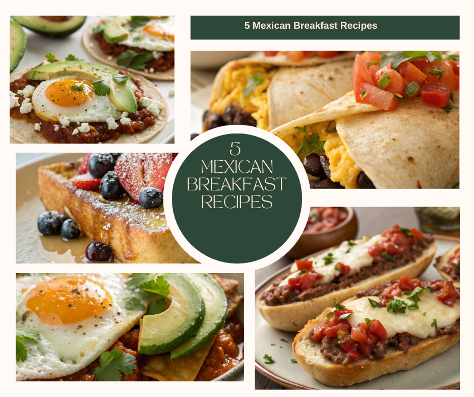 Collage of vibrant Mexican Breakfast Recipes including Chilaquiles, Huevos Rancheros, Breakfast Burritos, Molletes, and Tres Leches French Toast.