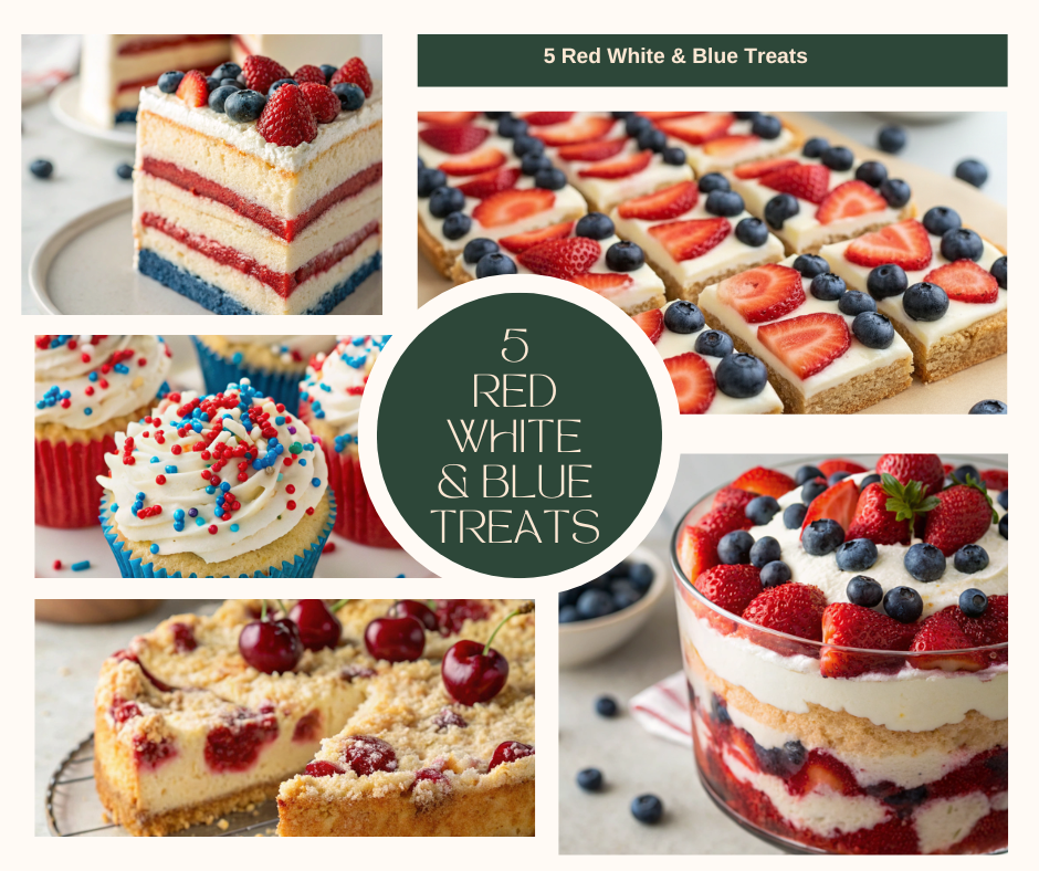 A collection of assorted Red White & Blue Treats including cakes, cupcakes, and desserts for Independence Day celebrations.
