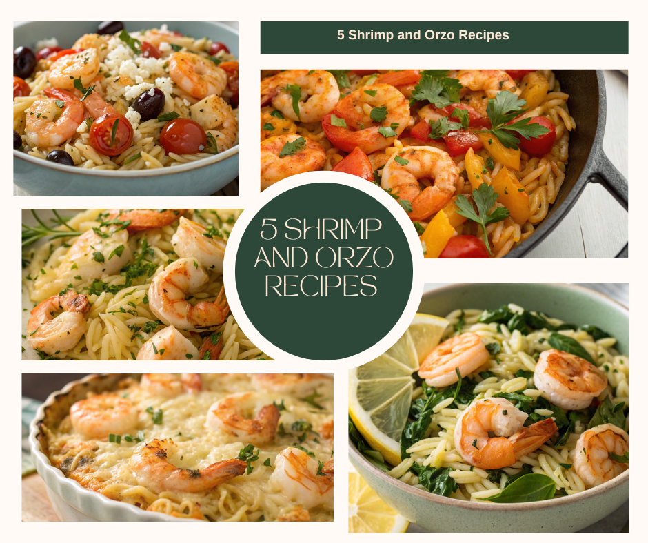 A collage of Shrimp and Orzo recipes, including Lemon Garlic Shrimp Orzo, Spicy Shrimp Orzo Skillet, Healthy Shrimp and Spinach Orzo, Mediterranean Orzo with Shrimp, and Shrimp and Orzo Bake.