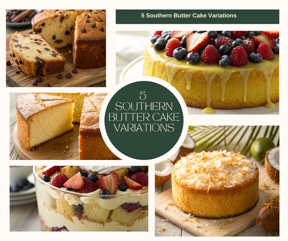 Variety of Southern Butter Cake Variations displayed together on a table.