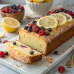 A beautifully baked Lemon Zest Summer Bread Cakes garnished with lemon slices and fresh berries.