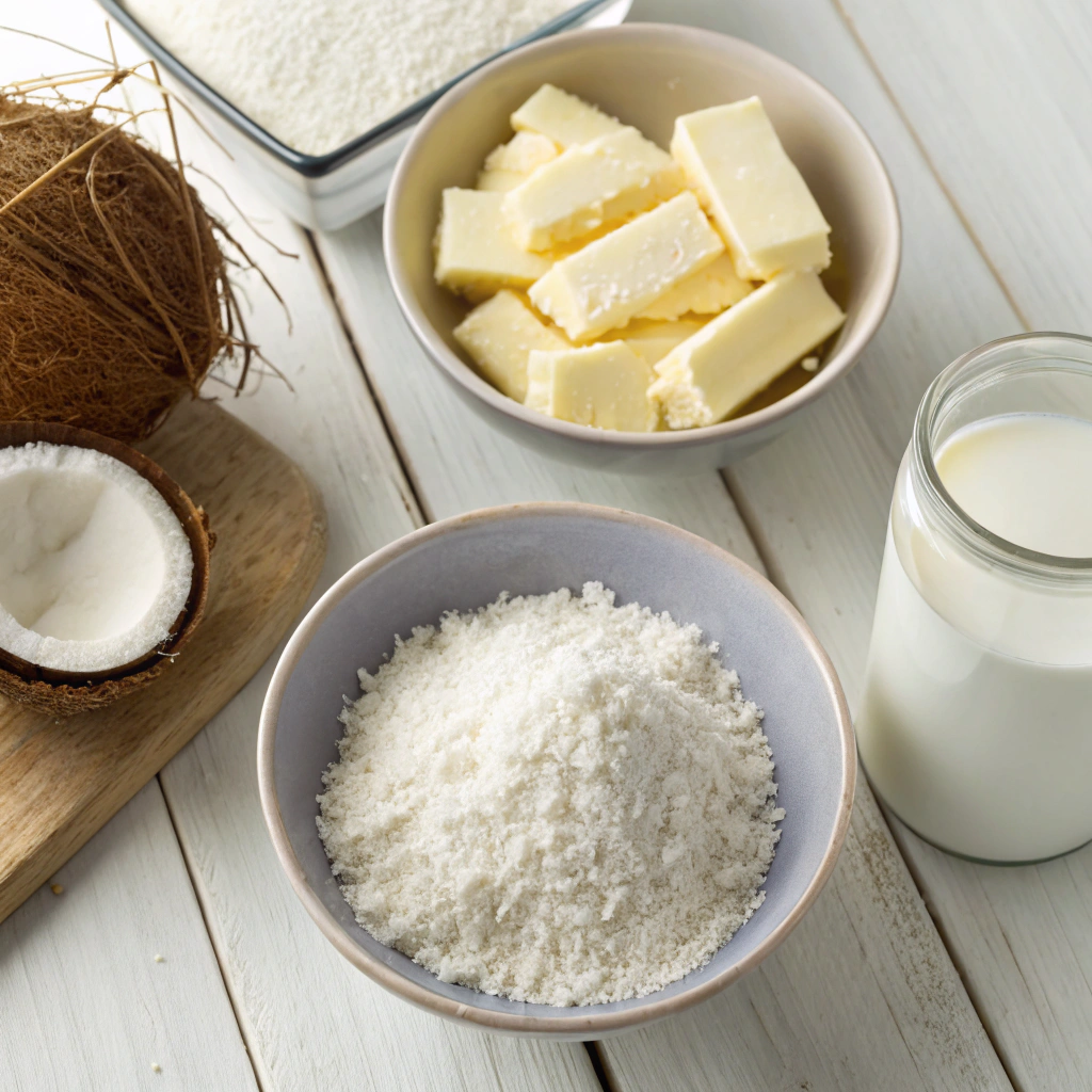 A collection of ingredients for Coconut Cream Picnic Bars, including coconut flakes, flour, butter, and coconut milk.