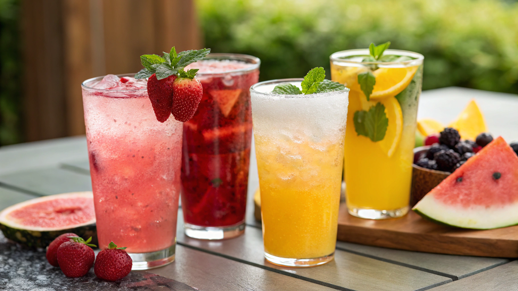 A colorful lineup of Virgin Summer Drinks including Mango Mocktail, Berry Lemonade, Watermelon Refresher, Coconut Cooler, and Sparkling Punch.